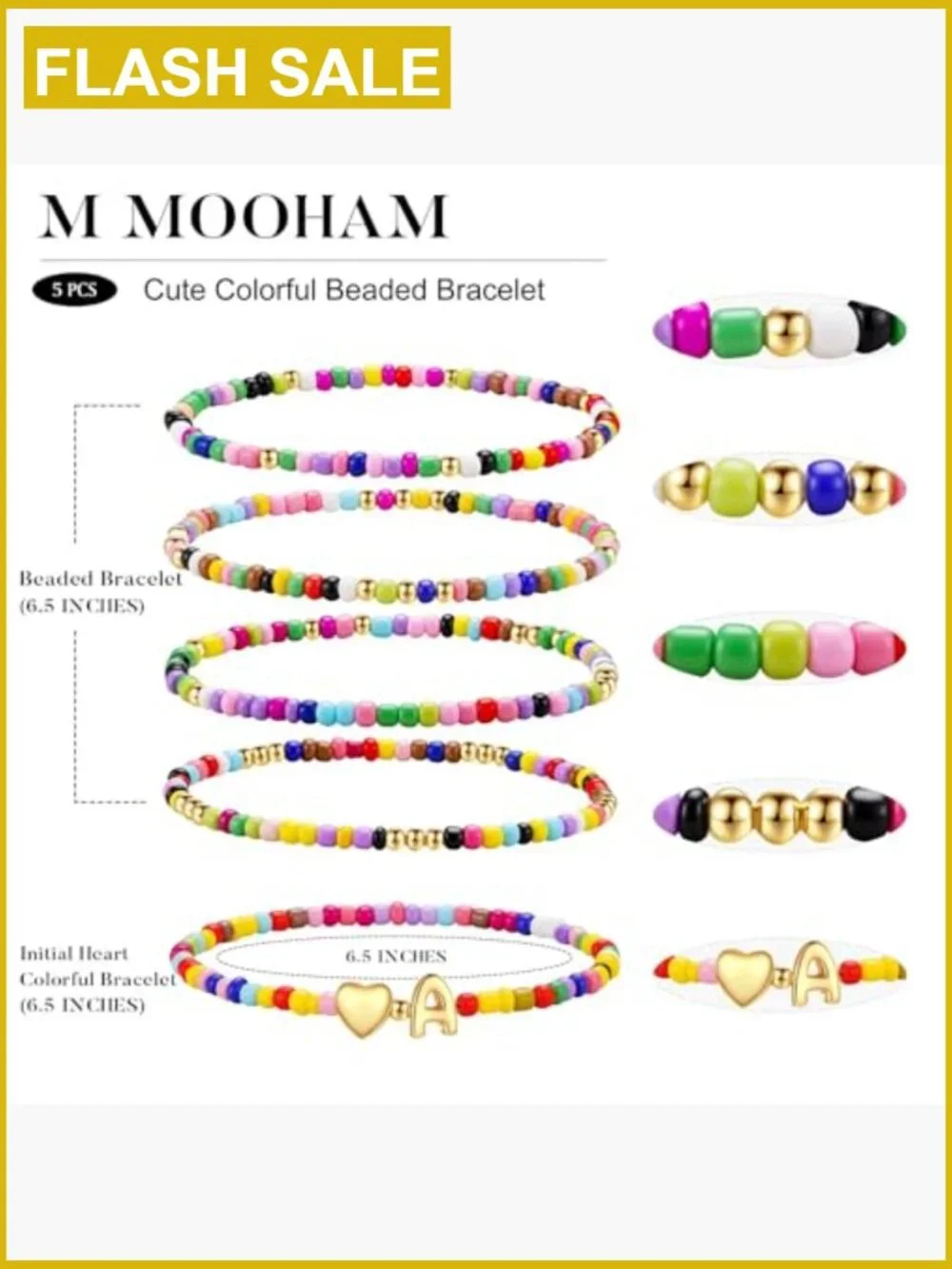 5PCS Stretch Beaded Bracelet Set for Girls Heart Initial